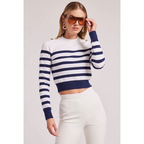 Generation Love Sweaters - Generation Love White and Blue Striped Janice Cropped Sweater